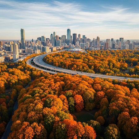 Aerial view of a city skyline surrounded by vibrant autumn trees and a winding highway