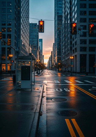 A serene city street at sunset with tall buildings and a quiet atmosphere