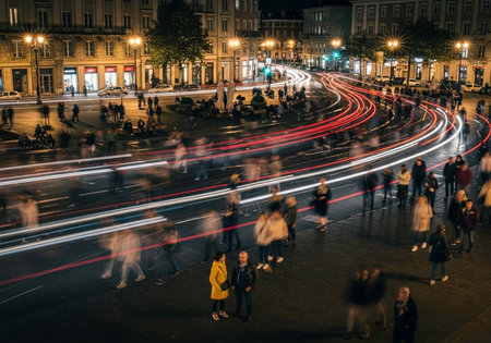 A bustling city street at night with people walking and traffic lights streaking by in a vibrant urban sceneの写真素材