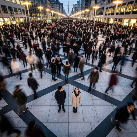 A bustling city square filled with people walking in every direction at dusk