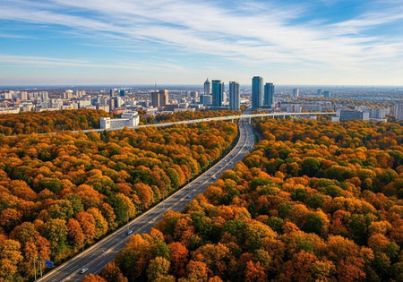 Aerial view of a city skyline surrounded by vibrant autumn trees and a winding roadの写真素材