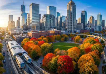 Aerial view of a city skyline with a park and train in autumnの写真素材