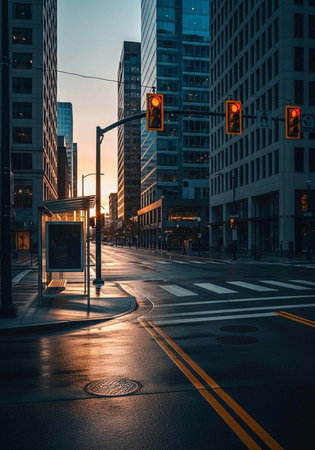 A city street at sunset with tall buildings and a traffic light
