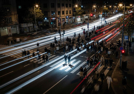 A bustling city street at night with people crossing the road and cars driving by with blurred lightsの写真素材