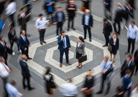 A busy office worker in a suit talks on his phone while standing still amidst a blurred crowd of...