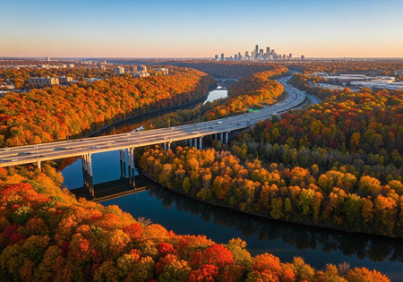 Aerial view of a city skyline surrounded by vibrant autumn foliage and a winding river with a bridge
