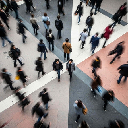 A bustling city street filled with people walking in different directions on a busy day