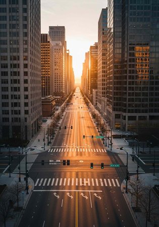 Aerial view of a serene city street at sunrise with tall buildings and empty roadsの写真素材