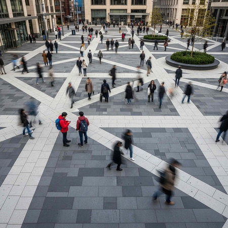 A bustling city square filled with people walking on a geometric patterned pavement surrounded by...