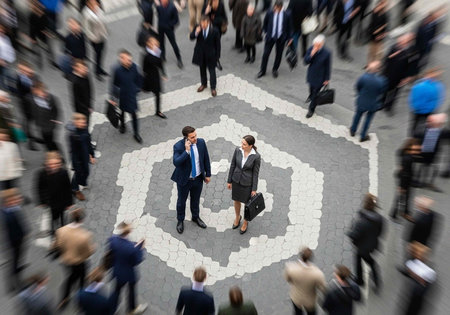 A businessman and businesswoman standing on a hexagonal pattern in a busy urban environment...