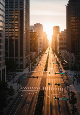 Aerial view of a bustling city street at sunset with tall buildings and busy roads