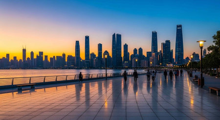 A serene cityscape at sunset with a waterfront promenade and skyscrapers in the background