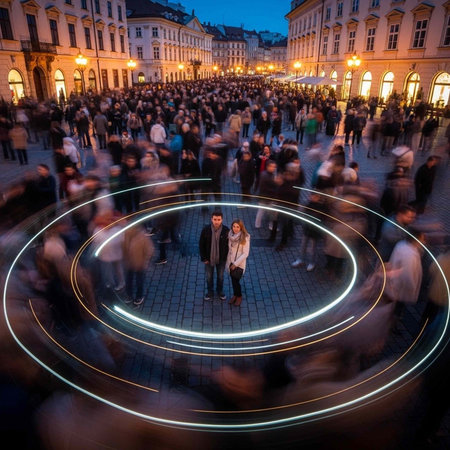 A couple stands out in a crowded city square at night with a unique light trail effect around them.