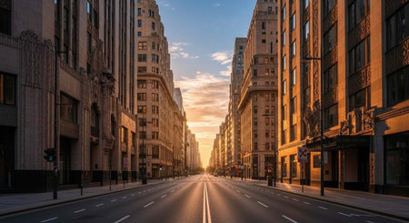 A serene city street at sunset with tall buildings and a vibrant skyの写真素材