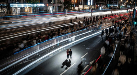 A couple stands together in a bustling city at night, surrounded by vibrant lights and crowds of people.の写真素材