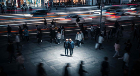 A couple stands together in a bustling city at night, surrounded by blurred motion of people and traffic lights.の写真素材