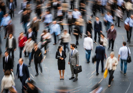 A busy city street with two professionals standing still amidst a crowd of people rushing to their destinationsの写真素材