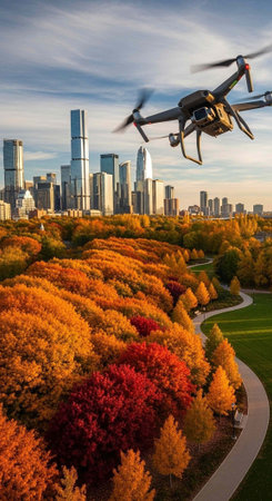 A drone flies over a vibrant autumn landscape with a city skyline in the background.