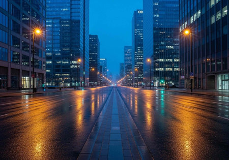 A city street at dusk with tall buildings and streetlights reflecting off the wet pavementの写真素材