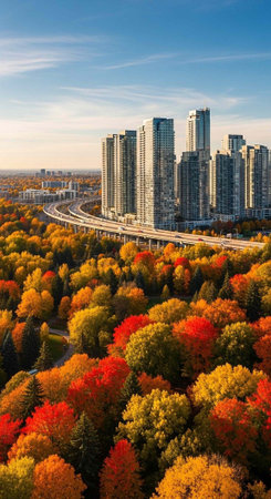 Aerial view of a city skyline surrounded by vibrant autumn trees and a highway