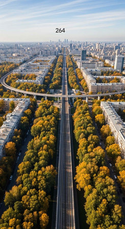 Aerial view of a city with a tree-lined highway and buildings under a blue sky