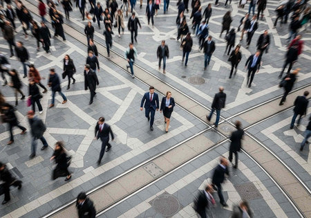 A bustling city street filled with people walking in all directions on a busy urban sidewalkの写真素材