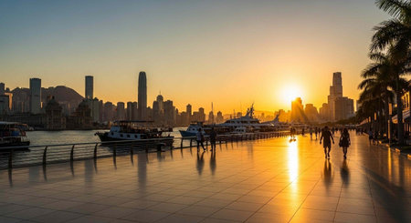 A serene cityscape at sunset with boats docked in the harbor and people walking along the waterfront...