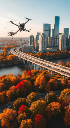 Aerial view of a cityscape with a bridge and drones flying over a vibrant autumn landscape