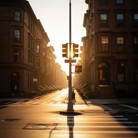 A serene city street at sunrise with a traffic light and crosswalk in the foreground