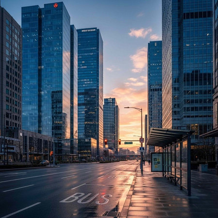 A lone person walks down a city street lined with modern glass skyscrapers at sunsetの写真素材