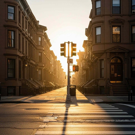 A serene city street at sunset with brownstone buildings and a traffic light