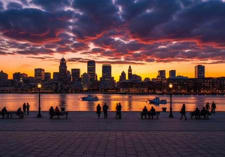 A serene cityscape at sunset with people walking along the waterfront promenade and boats on the...