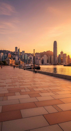 A serene cityscape at sunset with a waterfront promenade and skyscrapers in the backgroundの写真素材