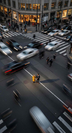 A bustling city street at dusk with cars and pedestrians moving through a busy intersection