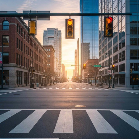 A serene city street at sunrise with traffic lights and modern buildings lining the road