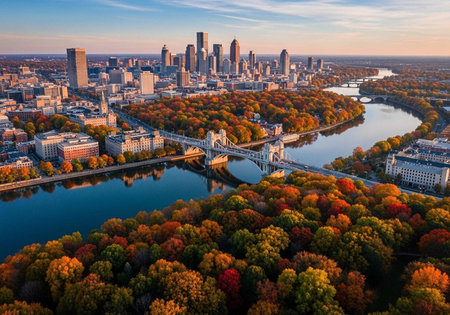 Aerial view of a city skyline with a river and bridge surrounded by autumn treesの写真素材