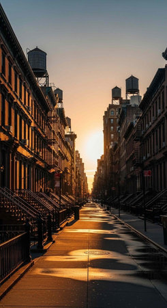 A serene city street at sunset with warm light reflecting off the wet pavement and buildings