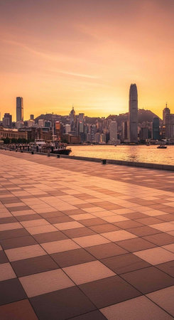 A serene cityscape at sunset with a waterfront promenade and modern skyscrapers in the backgroundの写真素材