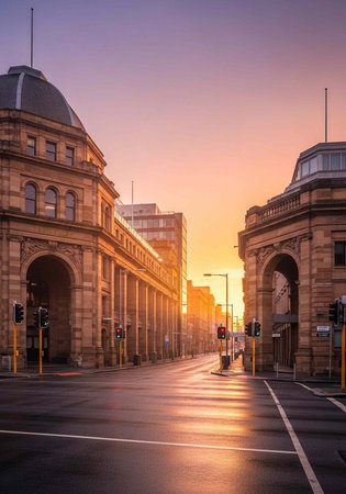 A serene cityscape at sunset featuring historic buildings and a peaceful atmosphere