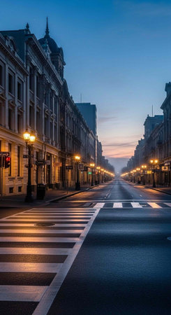 A serene city street at dusk with a crosswalk and buildings lined with streetlights under a blue skyの写真素材