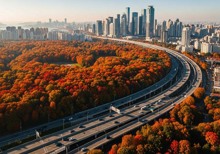 Aerial view of a cityscape with a highway and autumnal trees in the foreground and skyscrapers in...