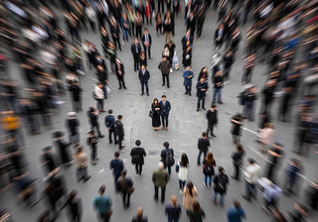 A large crowd of people walking in a busy urban environment with a focus on a central group