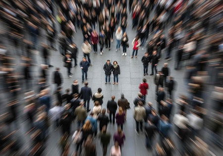 Aerial view of a crowded urban area with two people standing still amidst the blurred motion of the crowdの写真素材