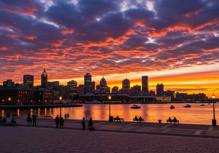A vibrant city skyline at sunset with people walking along the waterfront promenade and boats on the calm seaの写真素材