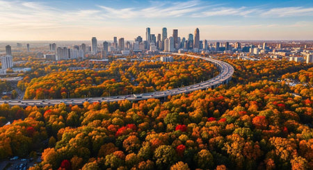 Aerial view of a city skyline surrounded by vibrant autumn trees and a winding highway
