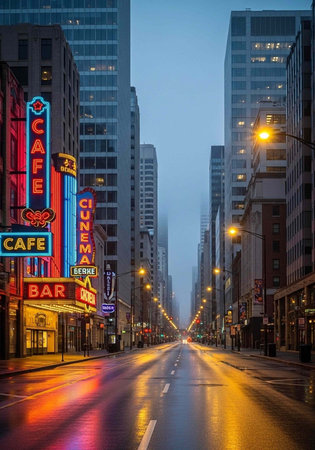 A city street at dusk with neon signs and tall buildings reflecting lights on a wet road surface