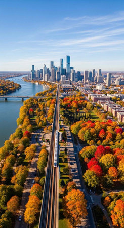 Aerial view of a city skyline with a train track and colorful autumn trees in the foreground