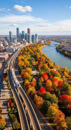 Aerial view of a city with a river and trees in autumn colors under a blue skyの写真素材