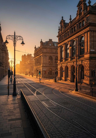A serene city street at sunset with historic buildings and tram tracks
