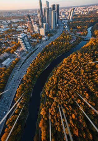 Aerial view of a city with a river and trees in autumn colors, surrounded by skyscrapers and highwaysの写真素材